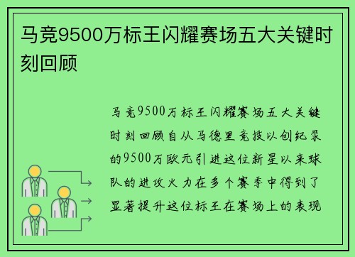 马竞9500万标王闪耀赛场五大关键时刻回顾