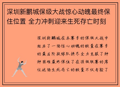 深圳新鹏城保级大战惊心动魄最终保住位置 全力冲刺迎来生死存亡时刻 深圳新鹏城保级大战惊心动魄最终保住位置 全力冲刺迎来生死存亡时刻